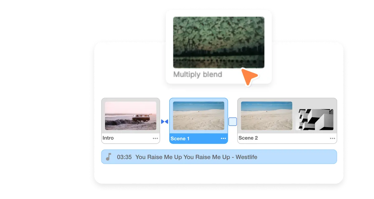 Visual of 'Harmonize with Multiply Blend' transition from Visla, showing a blend effect that merges scenes for a unified narrative structure, exemplifying the seamless integration in video editing.